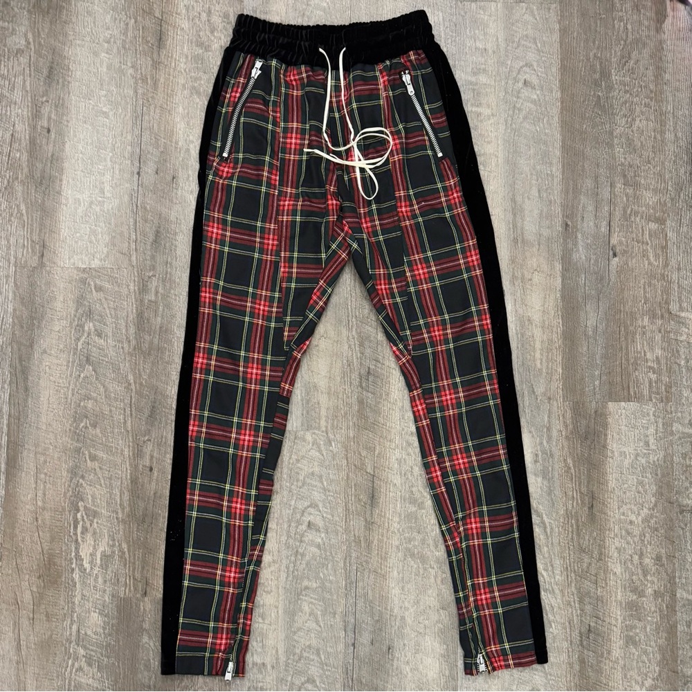 Punk Street Style Plaid Joggers with Velvet and Zippers Sz S/M
